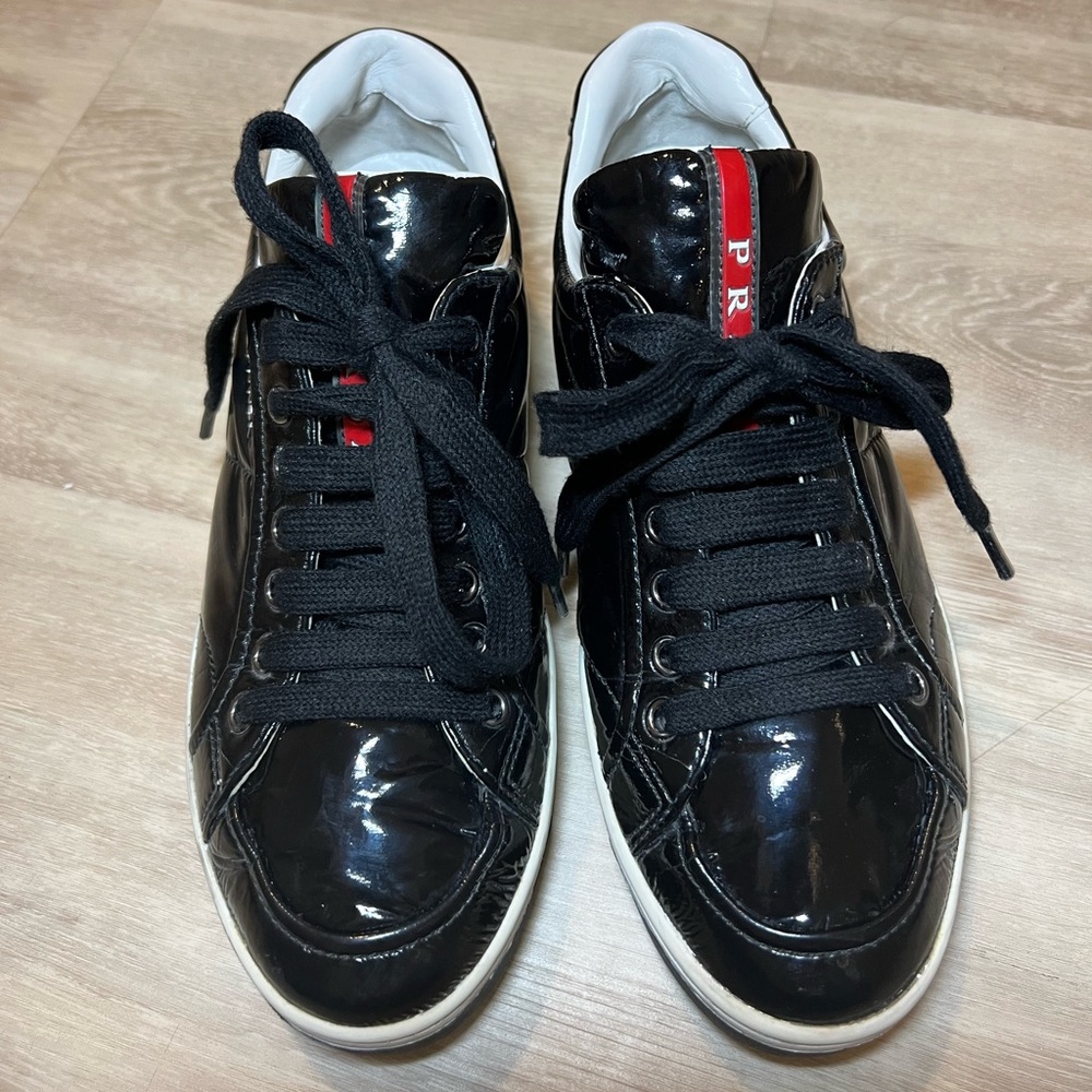 AUTHENTIC PRADA Sneakers Black Leather Patent 37.5 Nappa